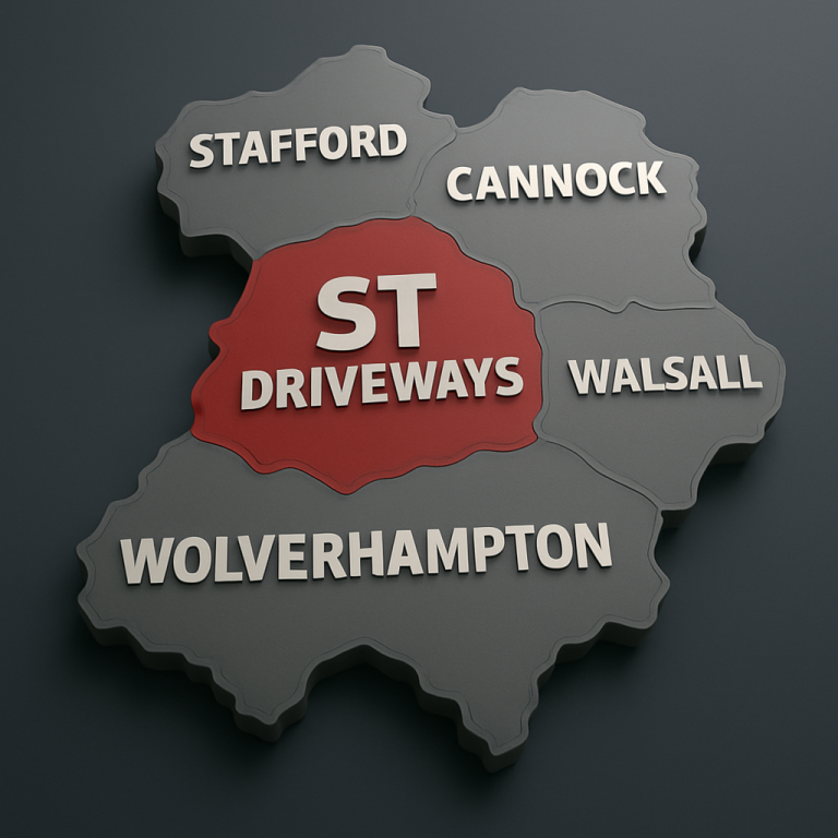 Map showing we cover Stafford, Rugley, Walsall, Cannock and Wolverhampton Map highlighting regions with "ST Driveways" in red, including Stafford, Cannock, Walsall, and Wolverhampton.