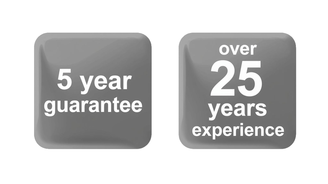 2 badges showing guarantee and experience Two grey squares: one states "5 year guarantee," the other "over 25 years experience."